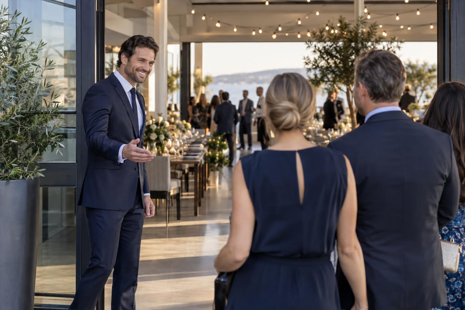 A host welcomes guests into an event venue set with long tables and string lights