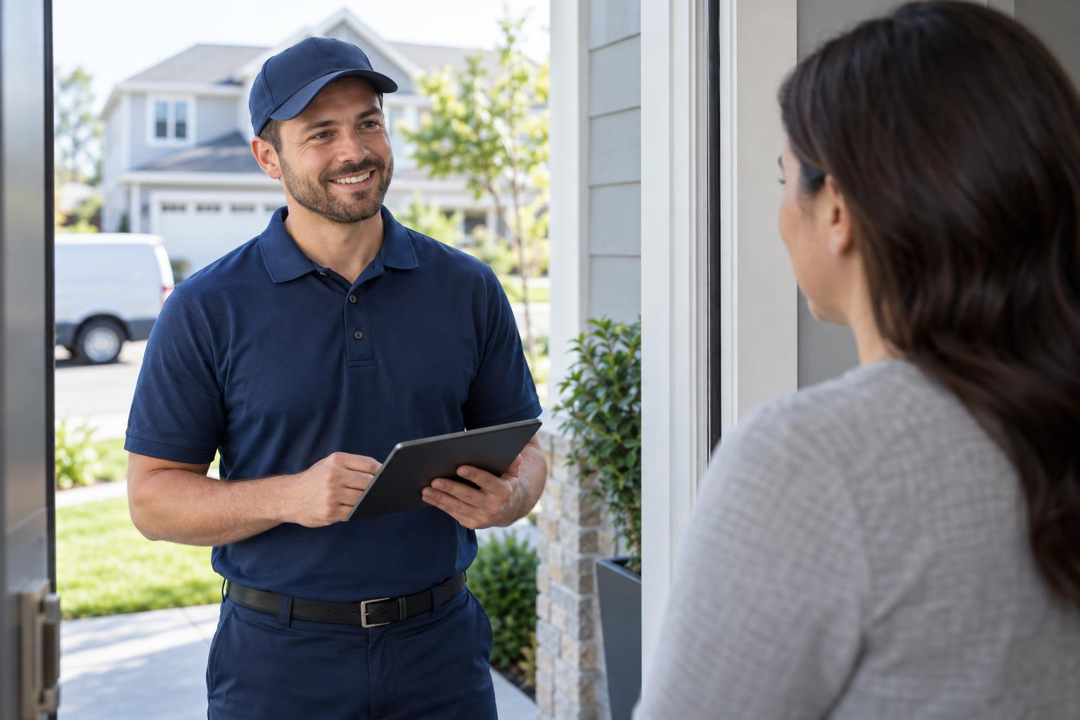 A home service technician holding a tablet smiles at a customer’s front door